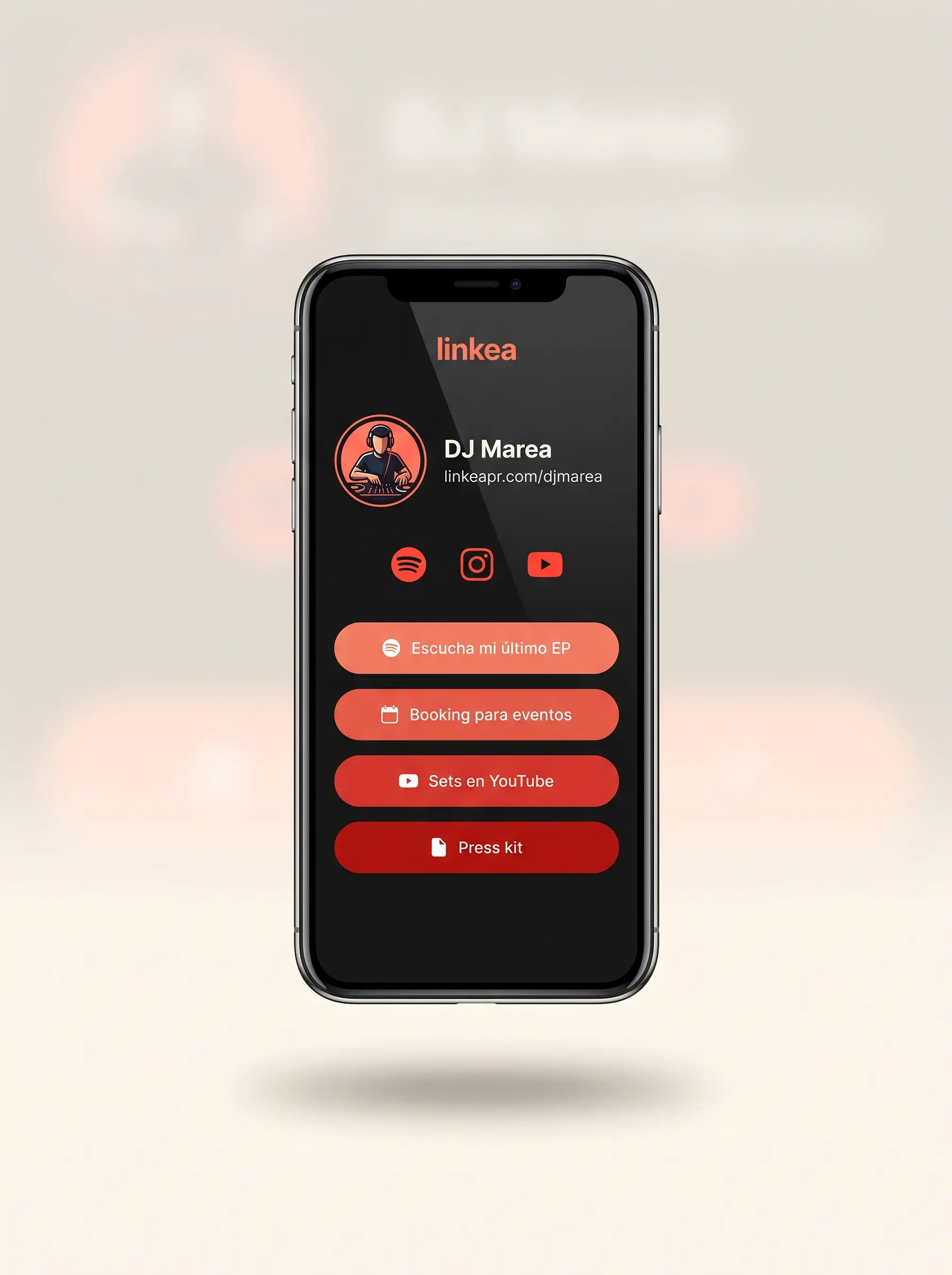 Perfil de Linkea de DJ Marea (Artista) en un teléfono