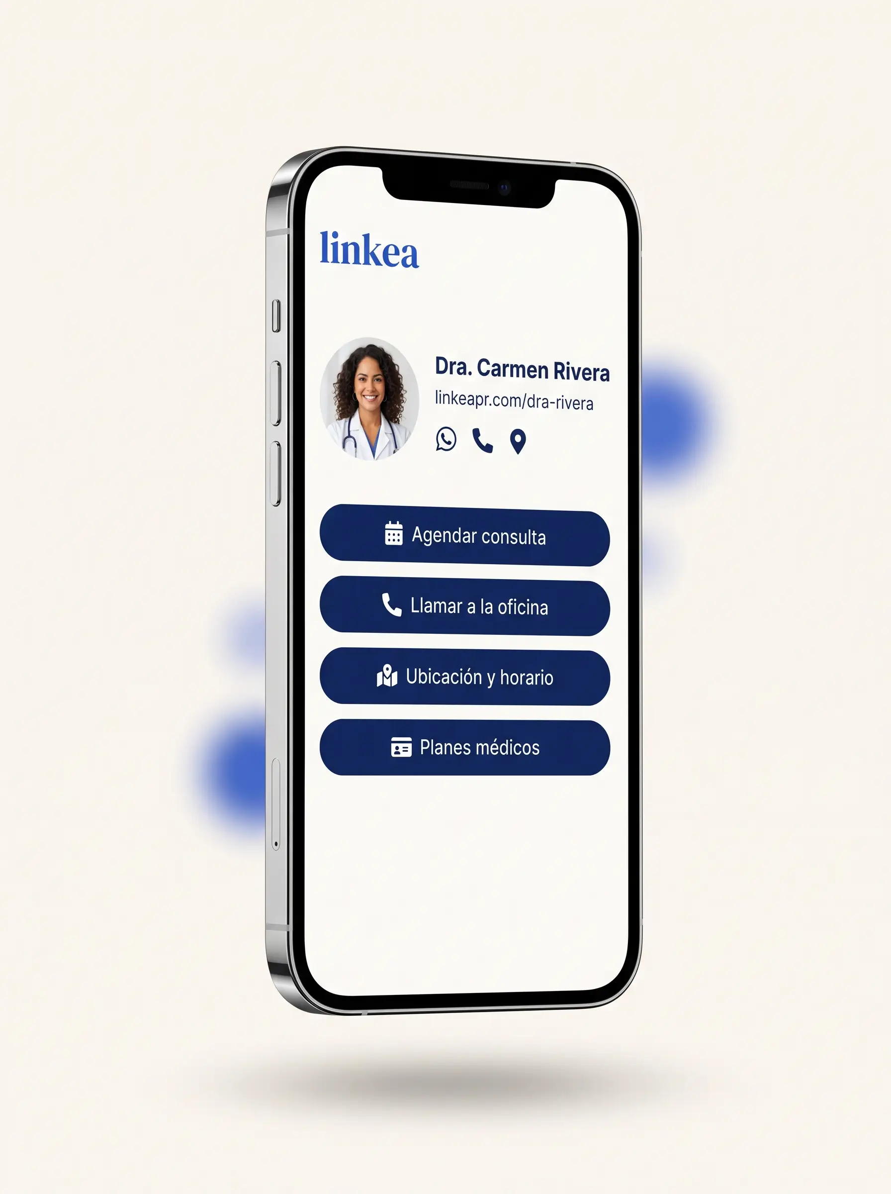 Perfil de Linkea de Dra. Carmen Rivera (Profesional) en un teléfono